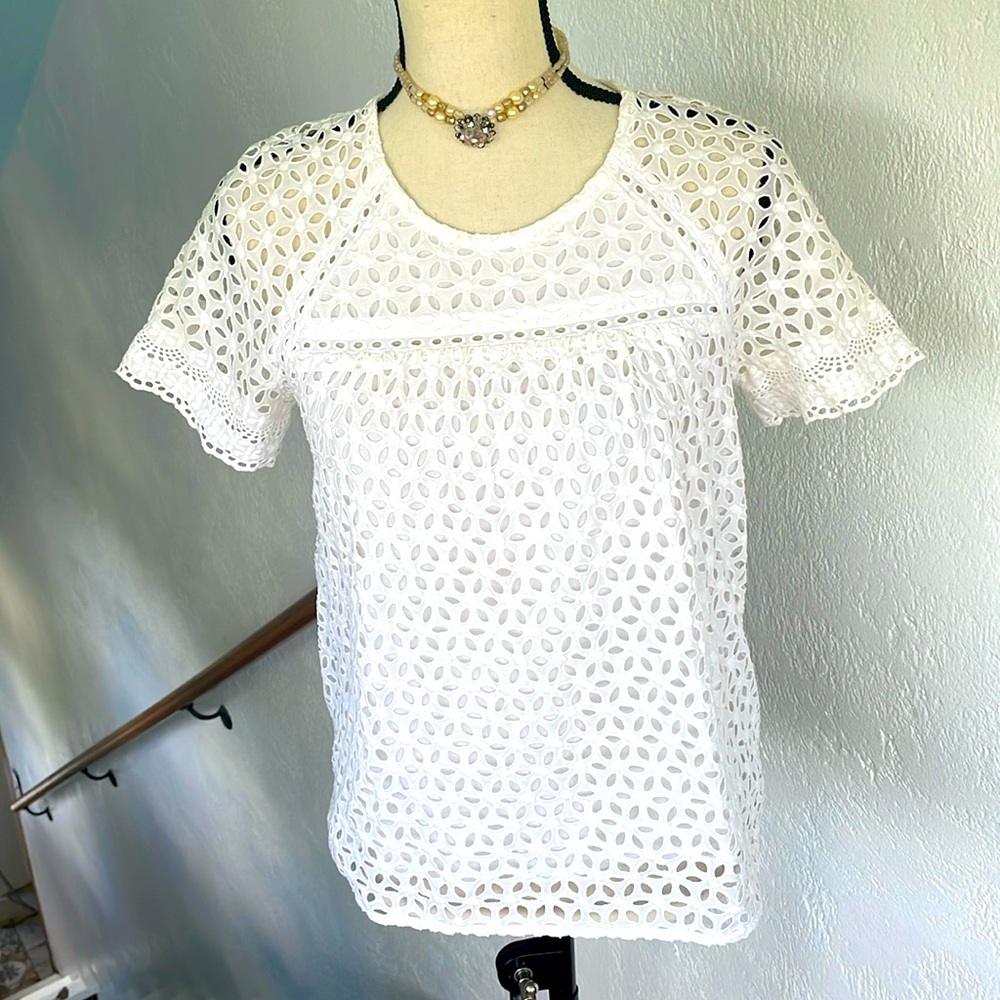 J‎ Crew White Cotton Lined Eyelet Short Sleeve Top Size 4